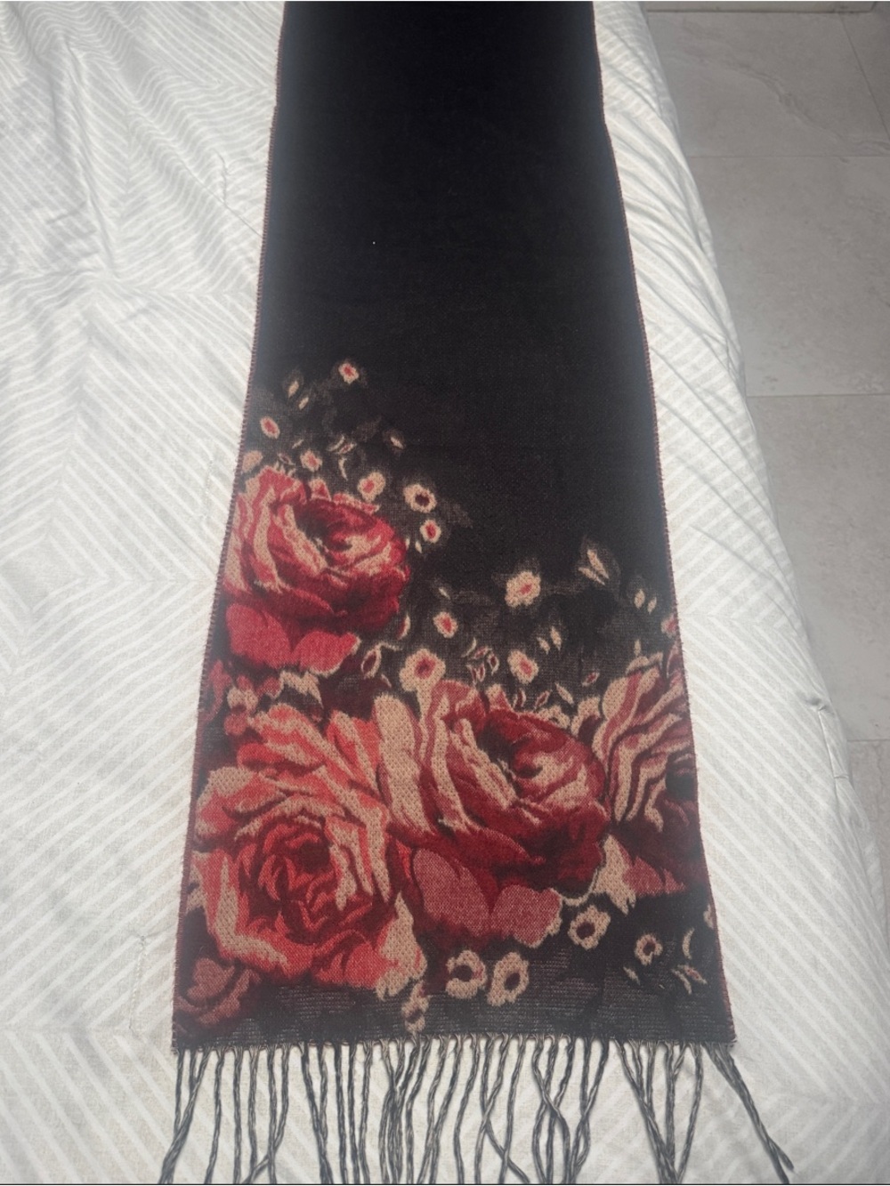 Lord & Taylor Black Scarf with Red Rose Floral Design